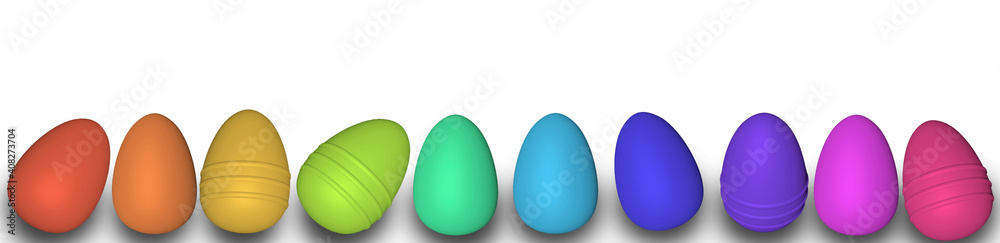 panorama of colored painted eggs 3d rendering model, background for design, postcards, concept of Easter, Christian traditions, holidays, Spring Festival, 3d illustration