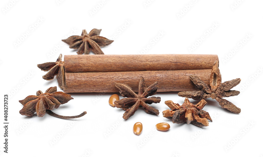 Cinnamon stick with anise stars and seeds isolated on white background