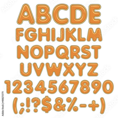 Pumpkin pie alphabet, letters, numbers and signs. Isolated colored vector objects on a white background.