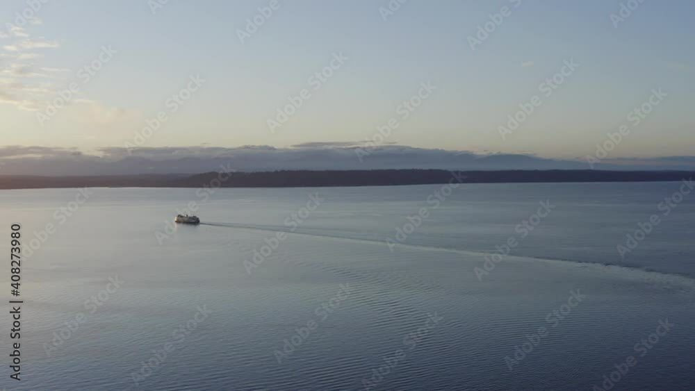 Washington State Ferry On Puget Sound At Sunset With Olympic Mountains, Edmonds, Washington Drone Aerial View Washington State Ferry On Puget Sound At Sunset With Olympic Mountains, Edmonds, Washington Drone Aerial View