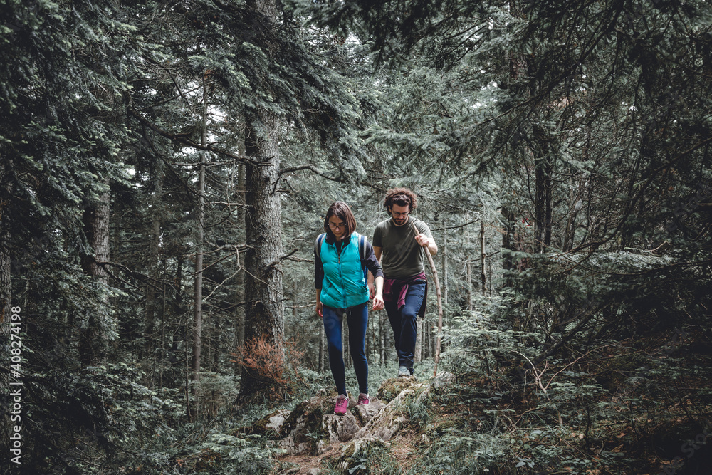 Couple hiking through an evergreen forest