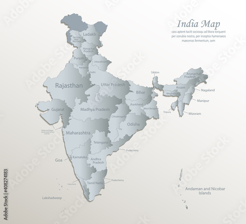 India map, administrative division with names, white blue card paper 3D vector