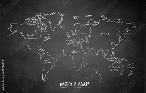World continents map, administrative division, separates continent and names, design card blackboard chalkboard vector