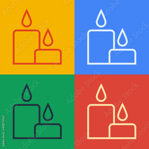 Pop art line Burning candle icon isolated on color background. Cylindrical candle stick with burning flame. Vector Illustration.