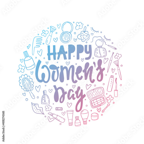 Vector hand drawn greeting card with makeup products. Happy Women's Day. Cosmetics.
