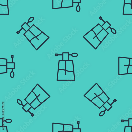 Black line Perfume icon isolated seamless pattern on green background. Vector Illustration.