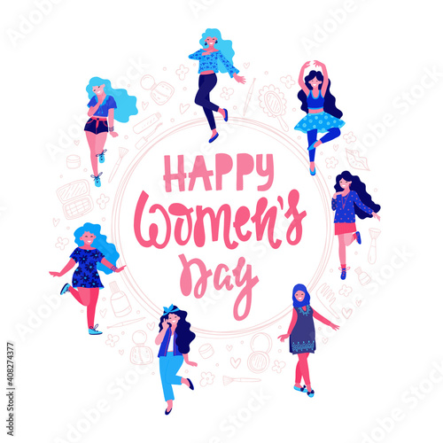 Happy women s day illustration. Beautiful dancing women