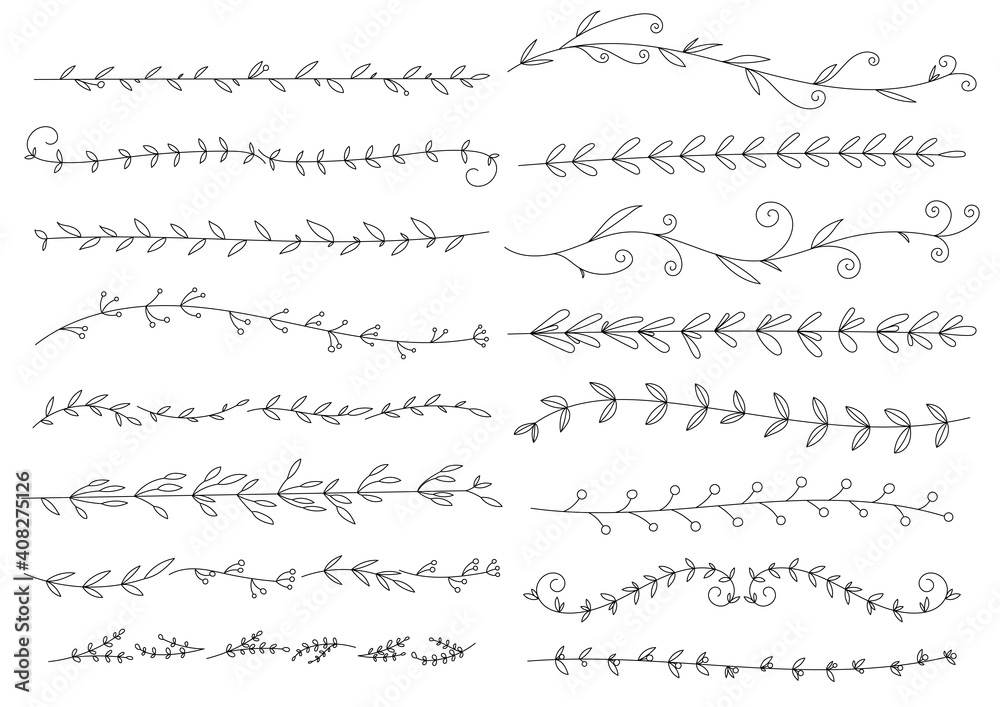 Obraz premium 植物や葉っぱのライン線画セット ベクター素材