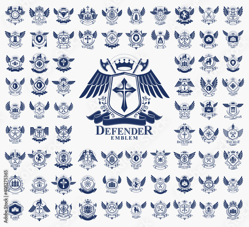Classic style emblems big set, ancient heraldic symbols awards and labels collection, classical heraldry design elements, family or business emblems.