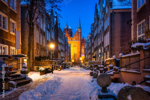 Beautiful Mariacka street in Gdansk at snowy winter, Poland