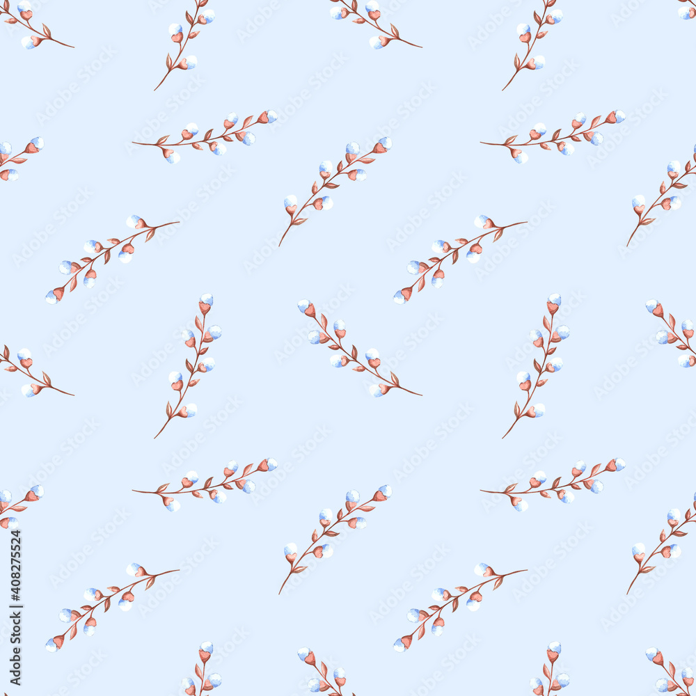 Seamless watercolor pattern with willow twigs on a colored background. Illustration for holidays, fabrics, postcards, packaging. Seamless watercolor pattern with willow twigs on a colored background. Illustration for holidays, fabrics, postcards, packaging.