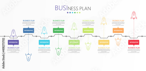 Infographic with 9 elements project plan start step design template flat infographic vector illustration for presentation progress bar report.