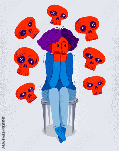 Thanatophobia fear of death vector illustration, girl surrounded with imaginary dead skulls in fear and panic attack, psychology and psychiatry.