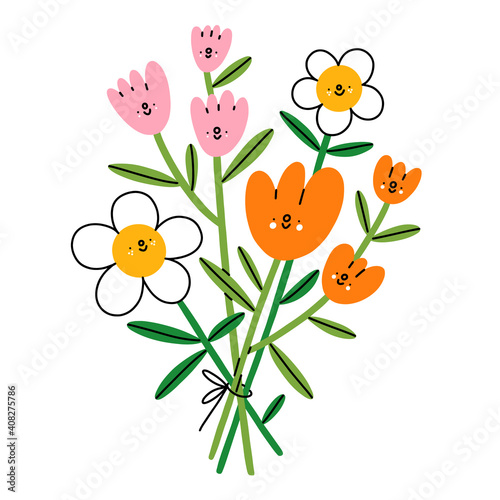 Happy flower characters bouquet, vector illustration