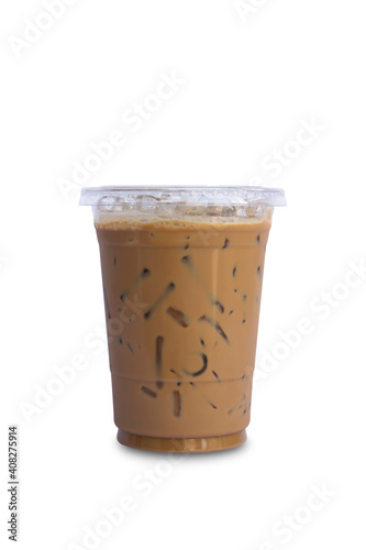 Iced espresso in a plastic cup isolated on white background.