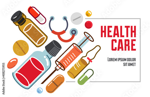 Pharmacy apothecary drugstore flyer, big composition set of medicaments vector flat illustration isolated, advertising banner health care and healing medical theme design.