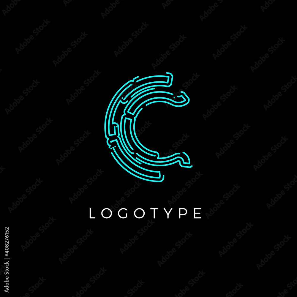 Cyber letter C for digital technology logo concept. Contour circuit style monogram for artificial intelligence product symbol, robotic system logo and vector type design Cyber letter C for digital technology logo concept. Contour circuit style monogram for artificial intelligence product symbol, robotic system logo and vector type design