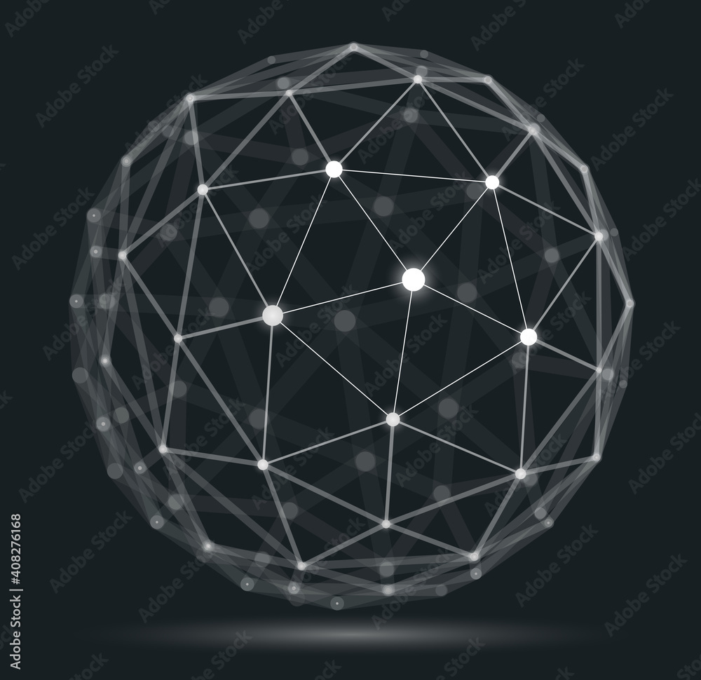 Abstract 3D mesh sphere vector illustration, dots connected with lines technology polygonal object, dynamic tech and science lattice, with realistic depth of field effect. Abstract 3D mesh sphere vector illustration, dots connected with lines technology polygonal object, dynamic tech and science lattice, with realistic depth of field effect.