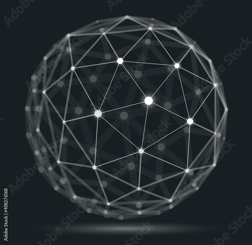 Abstract 3D mesh sphere vector illustration, dots connected with lines technology polygonal object, dynamic tech and science lattice, with realistic depth of field effect.