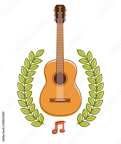 Acoustic guitar with laurel wreath vector emblem for festival or concert or player isolated on white, live music theme, logo for musical recording label, instruments shop.