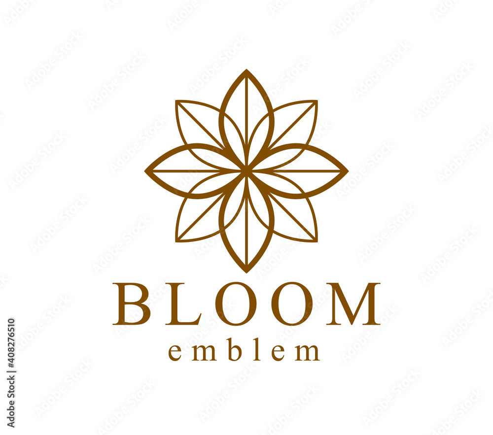 Flower in geometric linear style vector emblem isolated on white background, blossoming flower hotel or boutique or jewelry logo, sacred geometry design element.