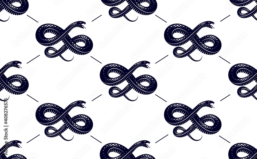 Seamless snakes pattern in vintage drawing style, dangerous poisoned reptiles vector background, endless tiling wallpaper, subculture rock n roll and hard rock theme.