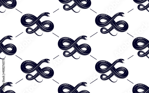 Seamless snakes pattern in vintage drawing style, dangerous poisoned reptiles vector background, endless tiling wallpaper, subculture rock n roll and hard rock theme.