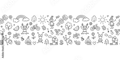 Happy children in summer park. Funny small kids play, run and jump. Background in kid doodle style. Hand drawn vector illustration