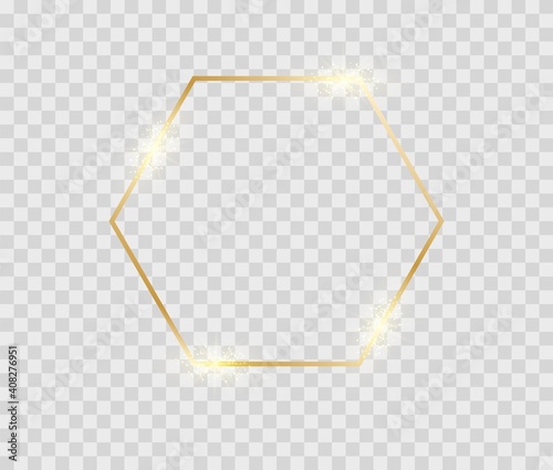 Gold shiny hexagon frane. Glowing decorative vintage octagon for birthday card or flyers.