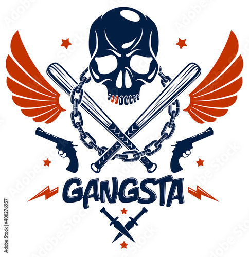 Gangster emblem logo or tattoo with aggressive skull baseball bats and other weapons and design elements, vector, criminal ghetto vintage style, gangster anarchy or mafia theme.