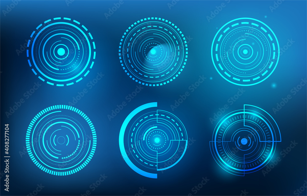 Set of Abstract Technology Circle Glow on Blurred Background, Elements of Futuristic Digital Technology Sci-Fi User Interface, Vector illustration. Set of Abstract Technology Circle Glow on Blurred Background, Elements of Futuristic Digital Technology Sci-Fi User Interface, Vector illustration.