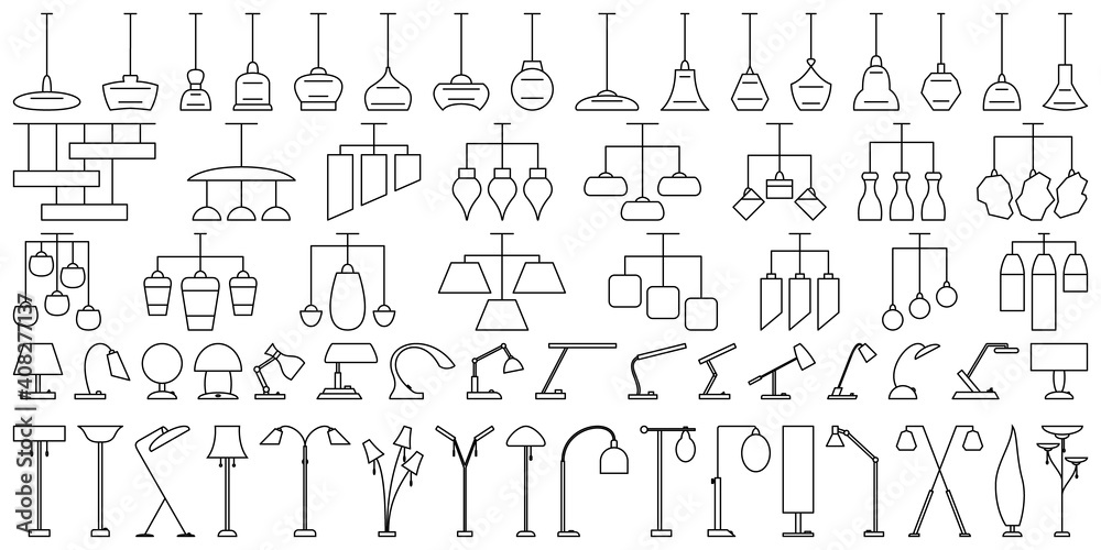 A set of elements for indoor lighting. Suspended ceiling chandeliers, table lamps, floor lamps. Vector icons in outline style isolated on white. A set of elements for indoor lighting. Suspended ceiling chandeliers, table lamps, floor lamps. Vector icons in outline style isolated on white.