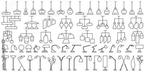 A set of elements for indoor lighting. Suspended ceiling chandeliers, table lamps, floor lamps. Vector icons in outline style isolated on white.