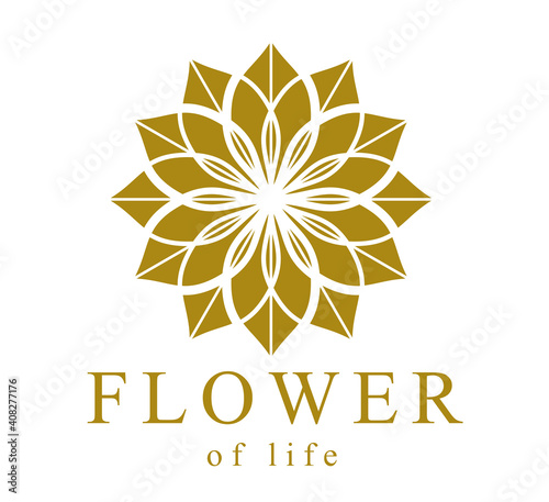 Flower of Life ancient symbol beautiful elegant vector logo or emblem isolated over white background, sacred geometry design element, esoteric sign.