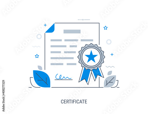 Product certification. Flat modern line-art vector illustration. Editable stroke.