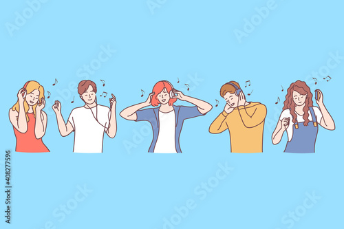 Enjoying music and listening audio concept. Young smiling people teens cartoon characters listening to music and enjoying songs with headphones vector illustration 