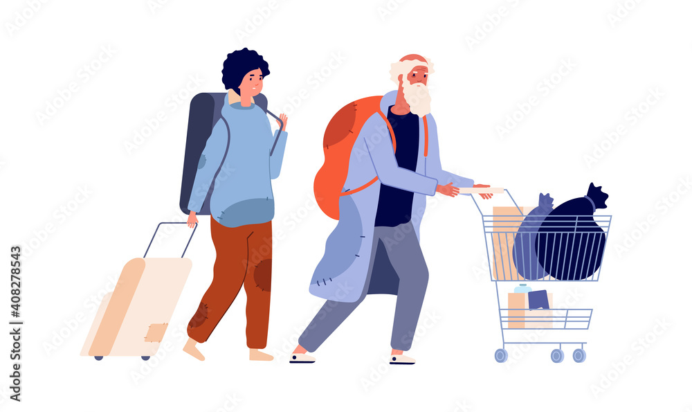 Homeless characters. Refugee man woman, poor people with things. Vagabonds family, old male and young female vector illustration. Homeless person, social problem refugee character Homeless characters. Refugee man woman, poor people with things. Vagabonds family, old male and young female vector illustration. Homeless person, social problem refugee character