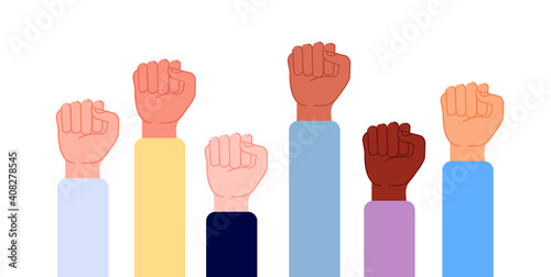Hand fists up. Isolated punch, union power or woman solidarity. Flat feminism activists metaphor, human protest vector. Strong revolution cooperation, gesture independence and strike illustration