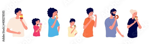 People eating dessert. Sweet food, child adult happy faces with delicious sweets. Woman eat cupcake, ice cream cafe utter vector characters. Ice cream delicious food, dessert drawing illustration