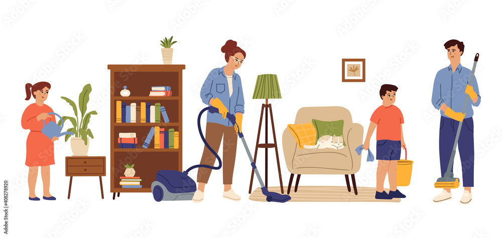 People cleaning home. Family living room, mom daughter doing house work. Householding, kids adult housekeeping swanky vector concept. Together housekeeping at home, housework clean illustration