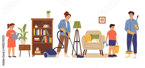People cleaning home. Family living room, mom daughter doing house work. Householding, kids adult housekeeping swanky vector concept. Together housekeeping at home, housework clean illustration © MicroOne