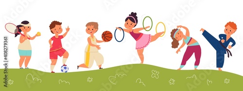 Happy sport children. Kids team, happy child and soccer ball. Isolated outdoor sporty characters, little boy girl field decent vector banner. Boy and girl do sport, football or soccer illustration