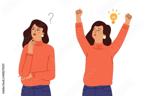 Female find solution. Problem solving, woman good idea. Question and answer concept, thinking process and happy girl vector character. Solution female, woman think and answer, doubt girl illustration