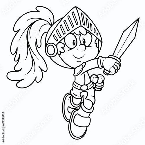 Cartoon vector knight illustration. Cute kid knight with sword and green feather on helmet. Medieval armor costume. Chivalry soldier uncolored line art image. Coloring book or page for kids and child.