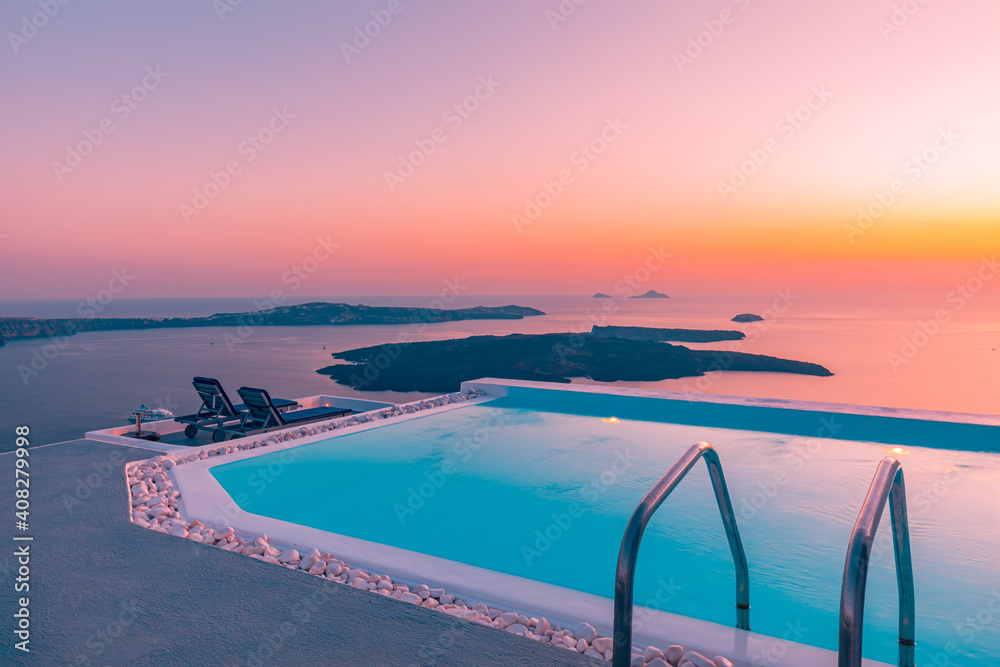 White architecture on Santorini island, Greece. Sunset view over infinity swimming pool in luxury hotel. Beautiful sky sea view. Stunning summer vacation holiday template, romantic couple destination