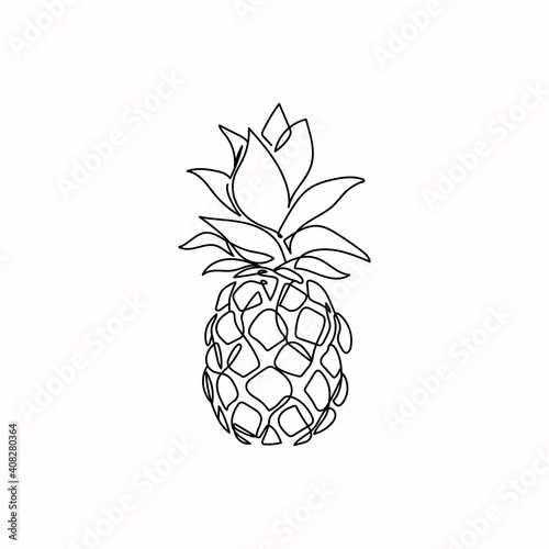 Continuous one line drawing a pineapple. Vector illustration perfect for greeting cards, party invitations, posters, stickers, clothing. Silhouette of pineapple icon. Food concept