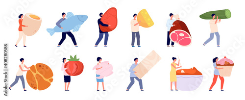 Tiny people with food. Flat foods, friends cooking garden vegetables. Female eating and products preparation, healthy dish vector. Mini character with fish and meat, fruit and vegetable illustration