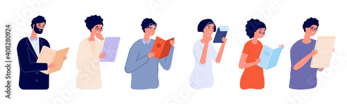 Clever people. Intelligent guy, flat man woman wear glasses. Happy person holding book documents, utter confident thoughtful vector characters. Clever people and student illustration