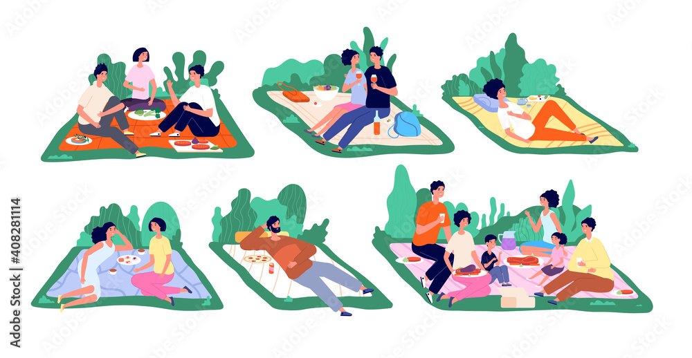 Picnic on nature. Family vacation, picnics spring or summer. People eat lunch in park, friends weekend. Healthy recreation utter vector scenes. Family picnic lunch, spring outdoor holiday illustration Picnic on nature. Family vacation, picnics spring or summer. People eat lunch in park, friends weekend. Healthy recreation utter vector scenes. Family picnic lunch, spring outdoor holiday illustration