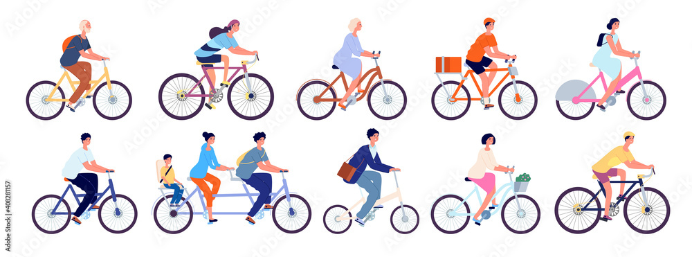 Cyclists characters. Fun active woman, cyclist ride bicycle outdoor. Fun leisure, isolated happy girl rider and person bike utter vector set. Bike sport exercise, lifestyle ride activity illustration - obrazy, fototapety, plakaty 